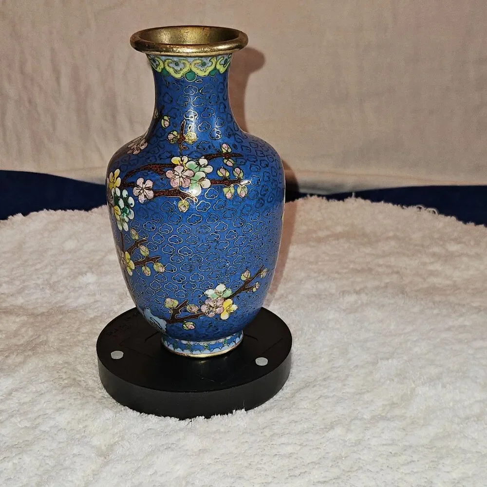 Vintage Chinese Cloisonne Enamel Floral Cherry Blossom Brass Vase Cobalt Blue